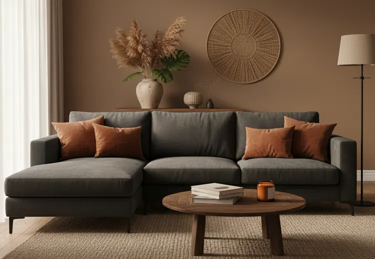 Szara kanapa ze ściana w odcieniu ziemi