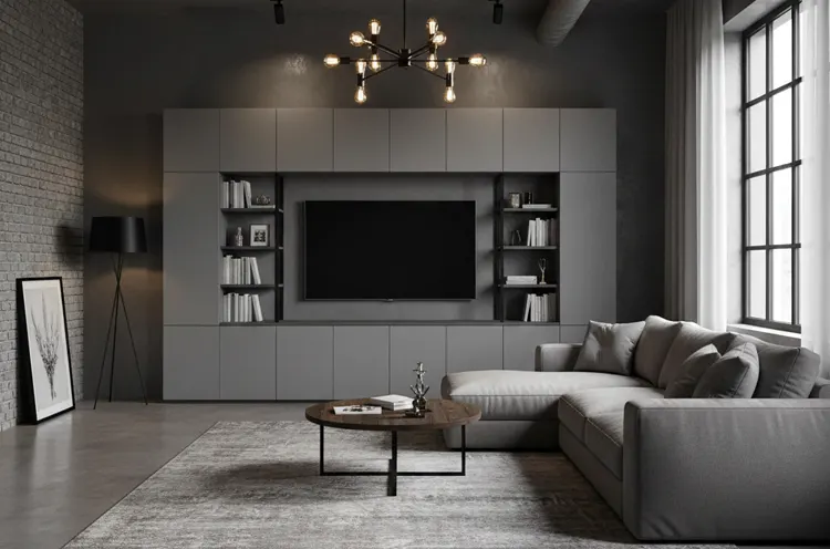 Loftowe wnetrze z szarymi meblami 