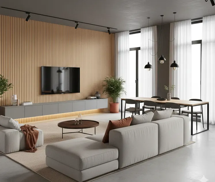 Szare meble wraz z lamelami drewnianymi