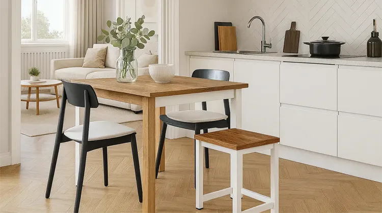 Drewniany taboret przy stole 