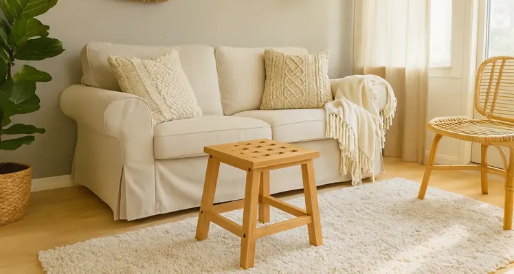 Drewniany taboret w stylu boho w salonie  