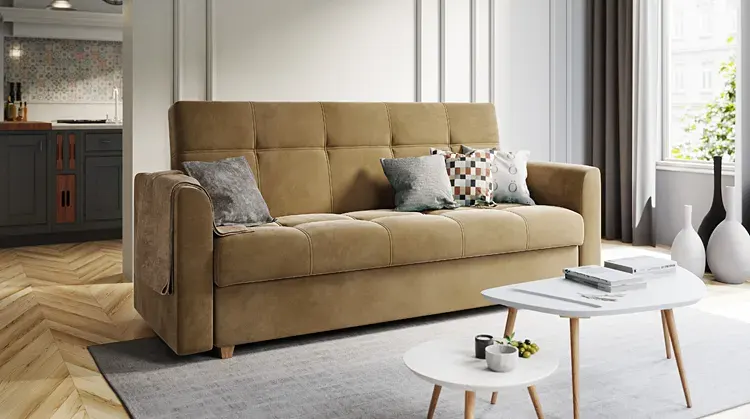 Rozkładana wersalka w kolorze musztardowym