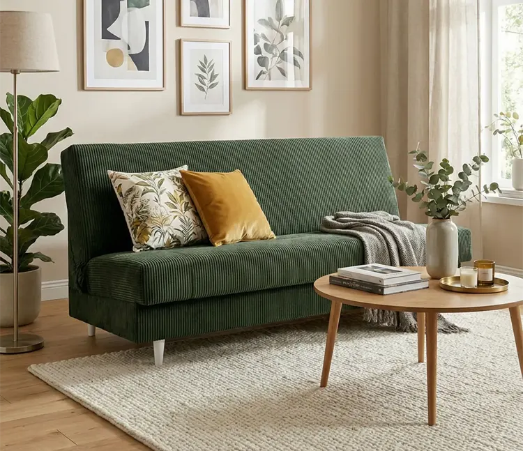 Kanapa w kolorze zielonym w pokoju dziennym