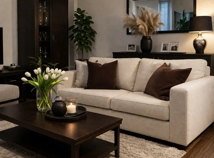 Jasna kanapa z meblami w kolorze wenge